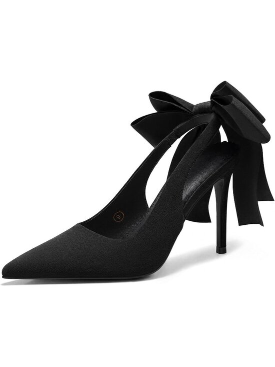Shoes - Women's Black Suede Slingback High Heels with Bow Closed Pointed Toe Dress Pumps